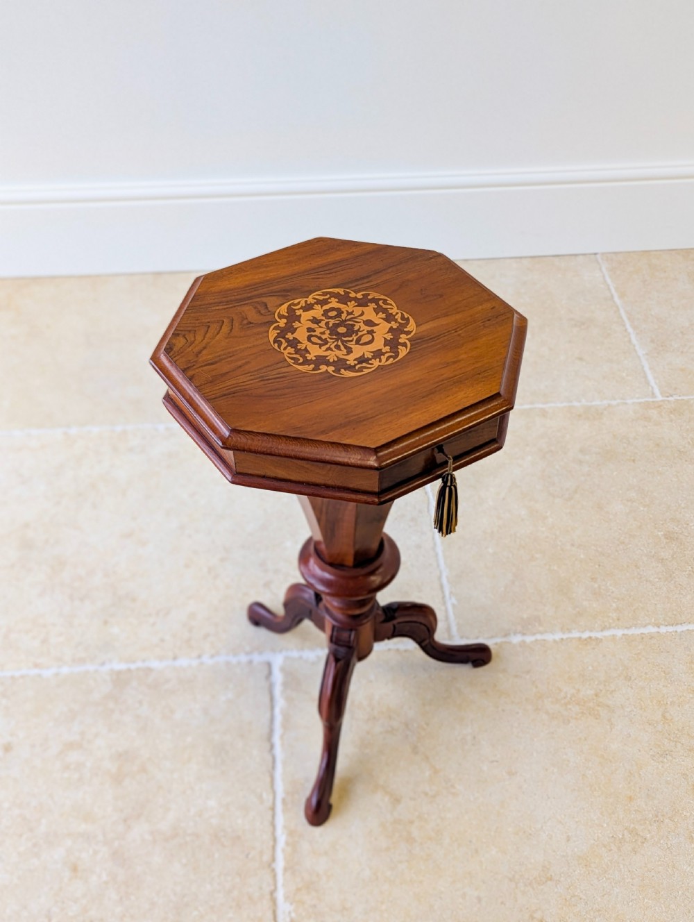Antique Victorian Walnut Octagonal Sewing Table c.1860 View XVI