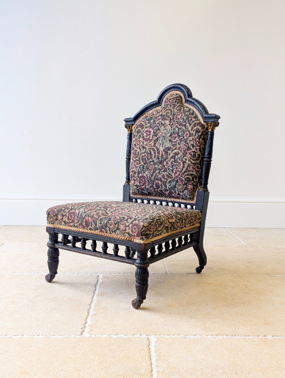 Antique Victorian Ebonised Upholstered Low Chair c.1890