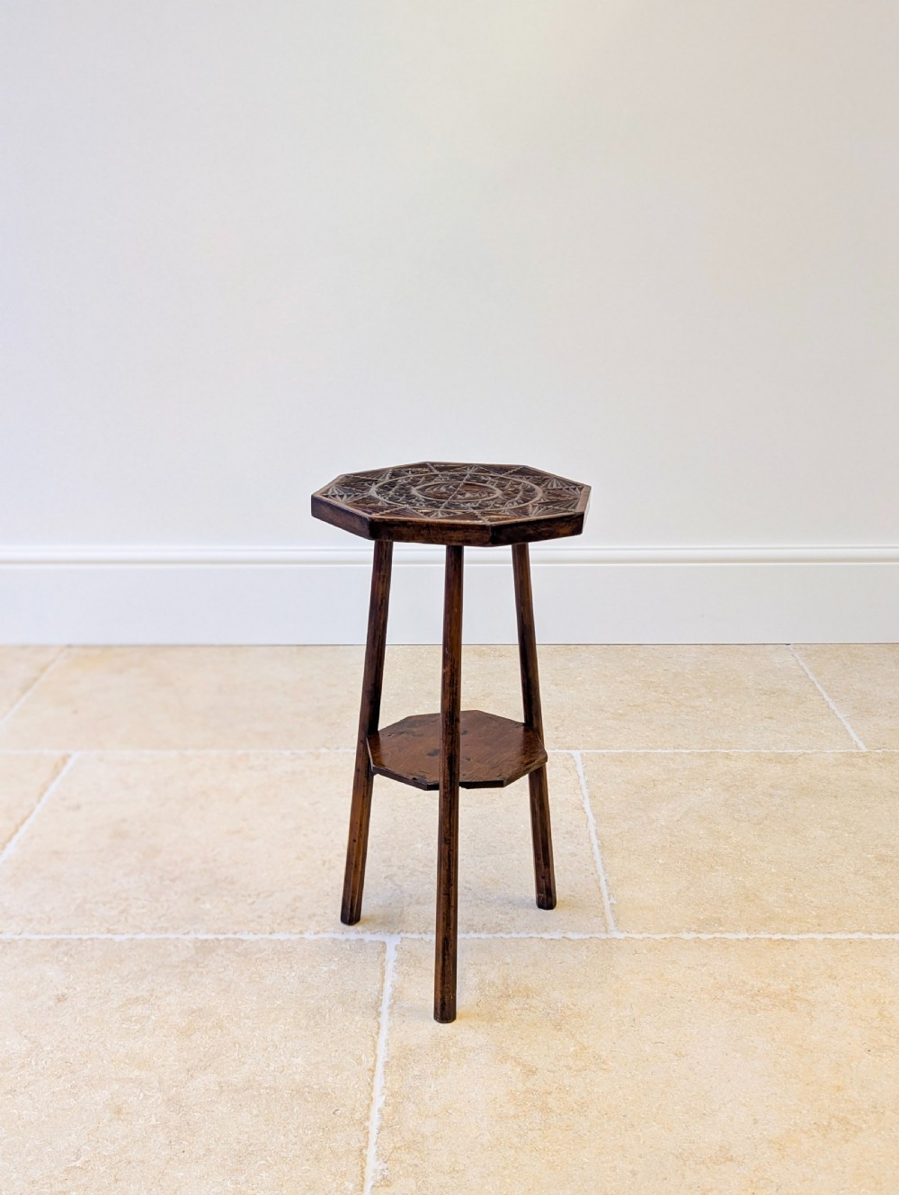 Antique Early 20th Century Carved Oak Tripod Occasional Table