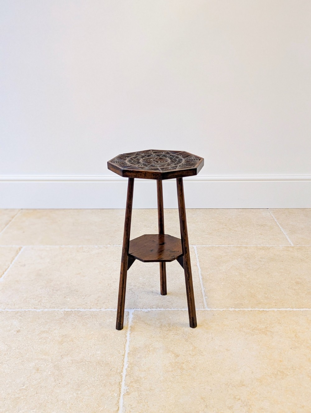 Antique Early 20th Century Carved Oak Tripod Occasional Table View III