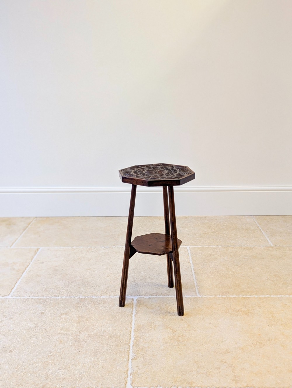 Antique Early 20th Century Carved Oak Tripod Occasional Table View V