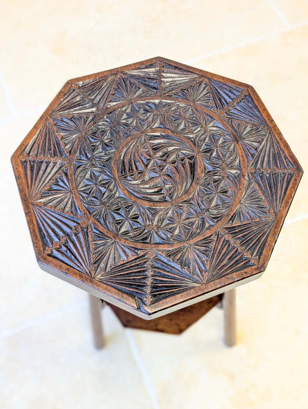 Antique Early 20th Century Carved Oak Tripod Occasional Table View XI