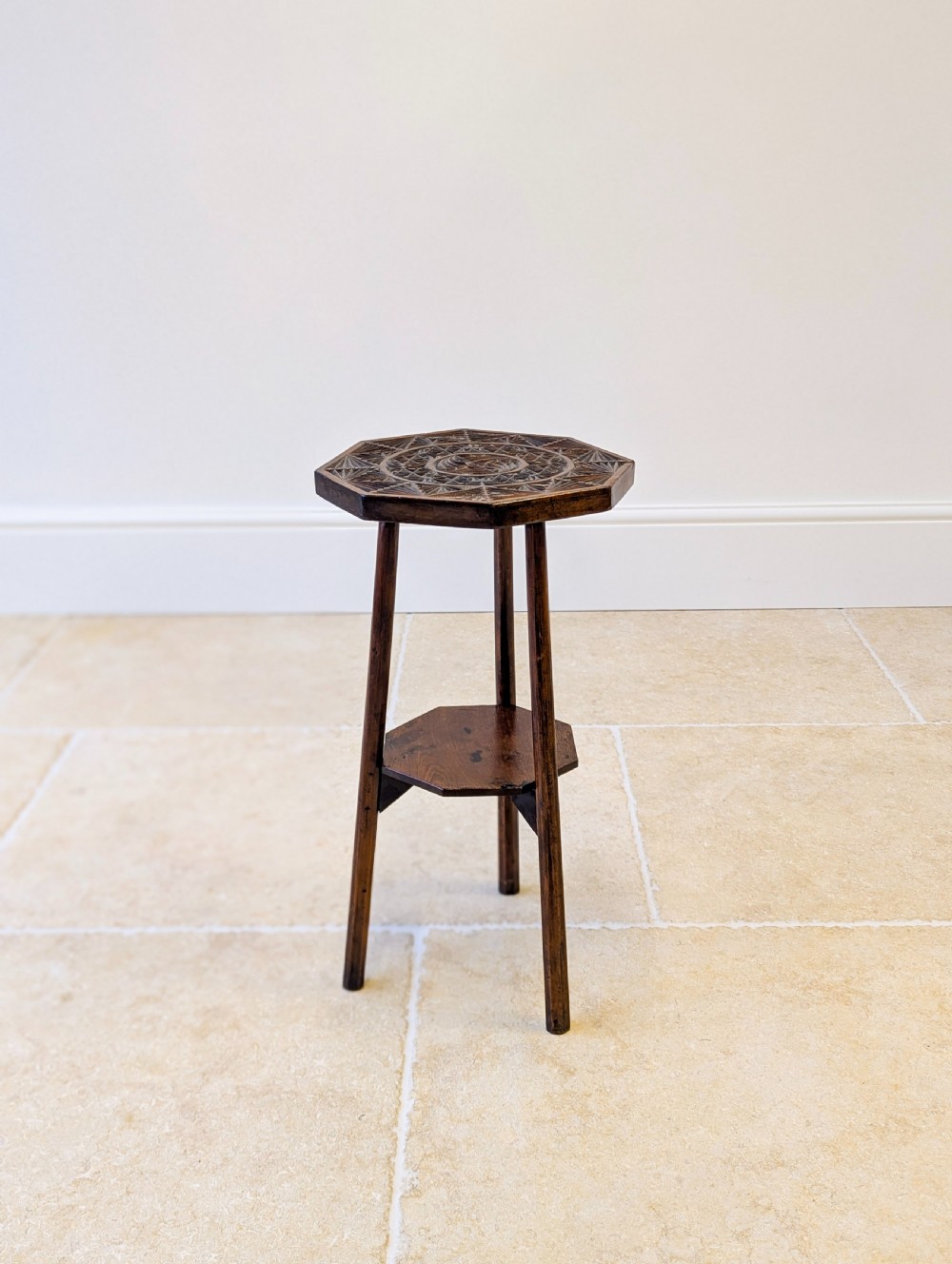 Antique Early 20th Century Carved Oak Tripod Occasional Table View XII