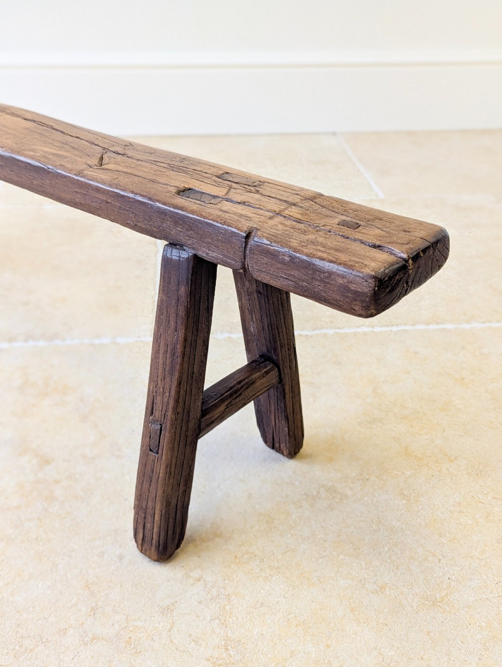 Antique Mid 19th Century Elm Vernacular Bench View V