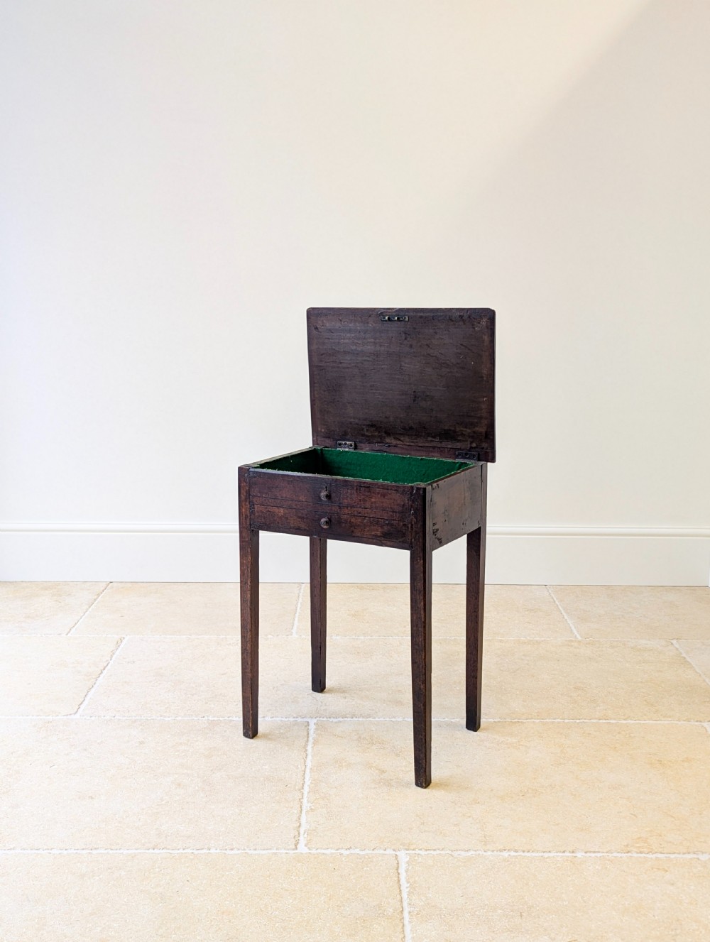 An antique Georgian dark oak work table featuring two drawers, straight square legs, and a rectangular top surface. View II
