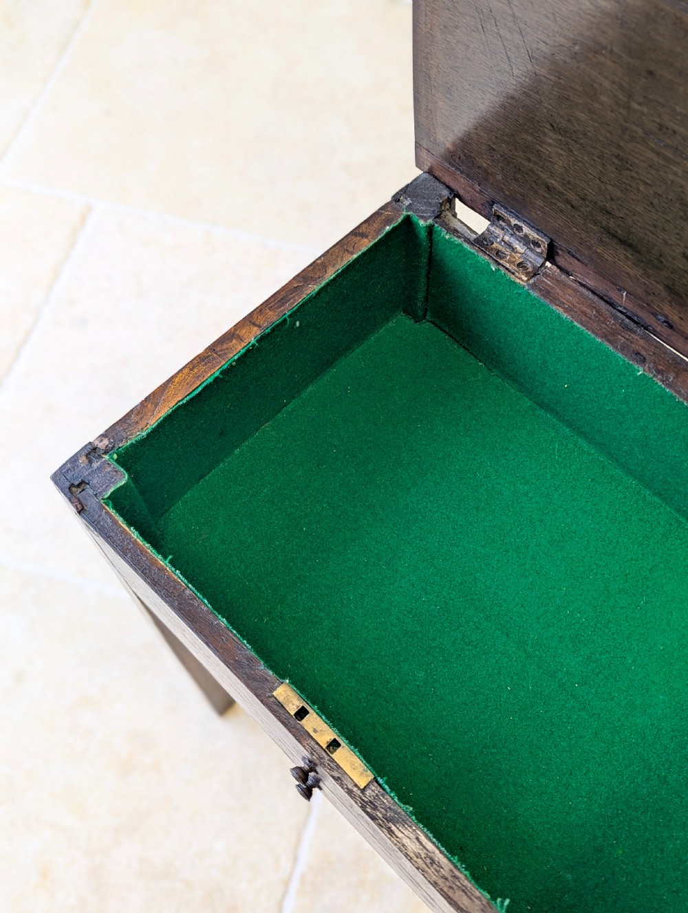 An antique Georgian dark oak work table featuring two drawers, straight square legs, and a rectangular top surface. View XIV