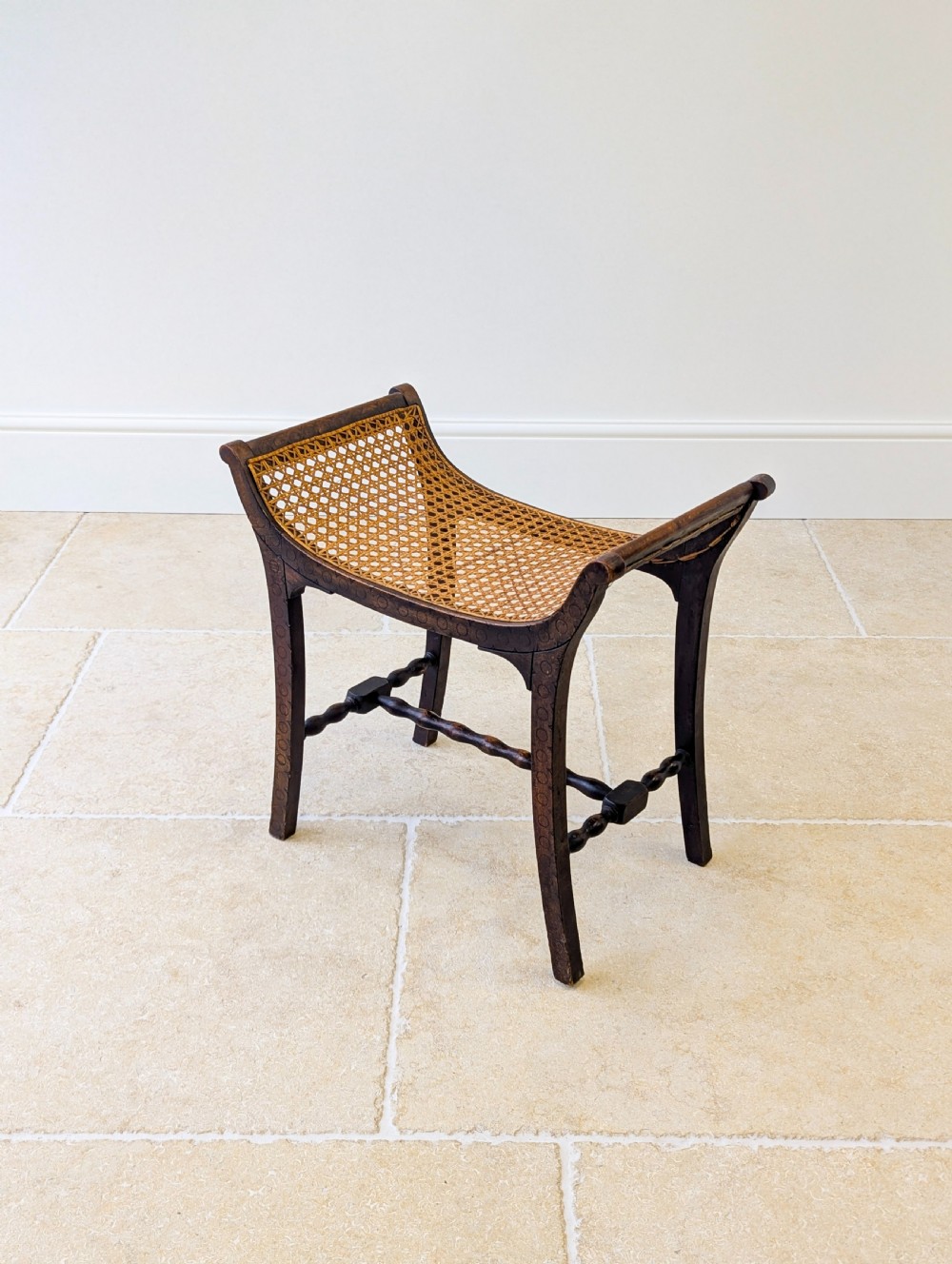 Antique Edwardian Oak Caned Dressing Table Stool c.1910 View V