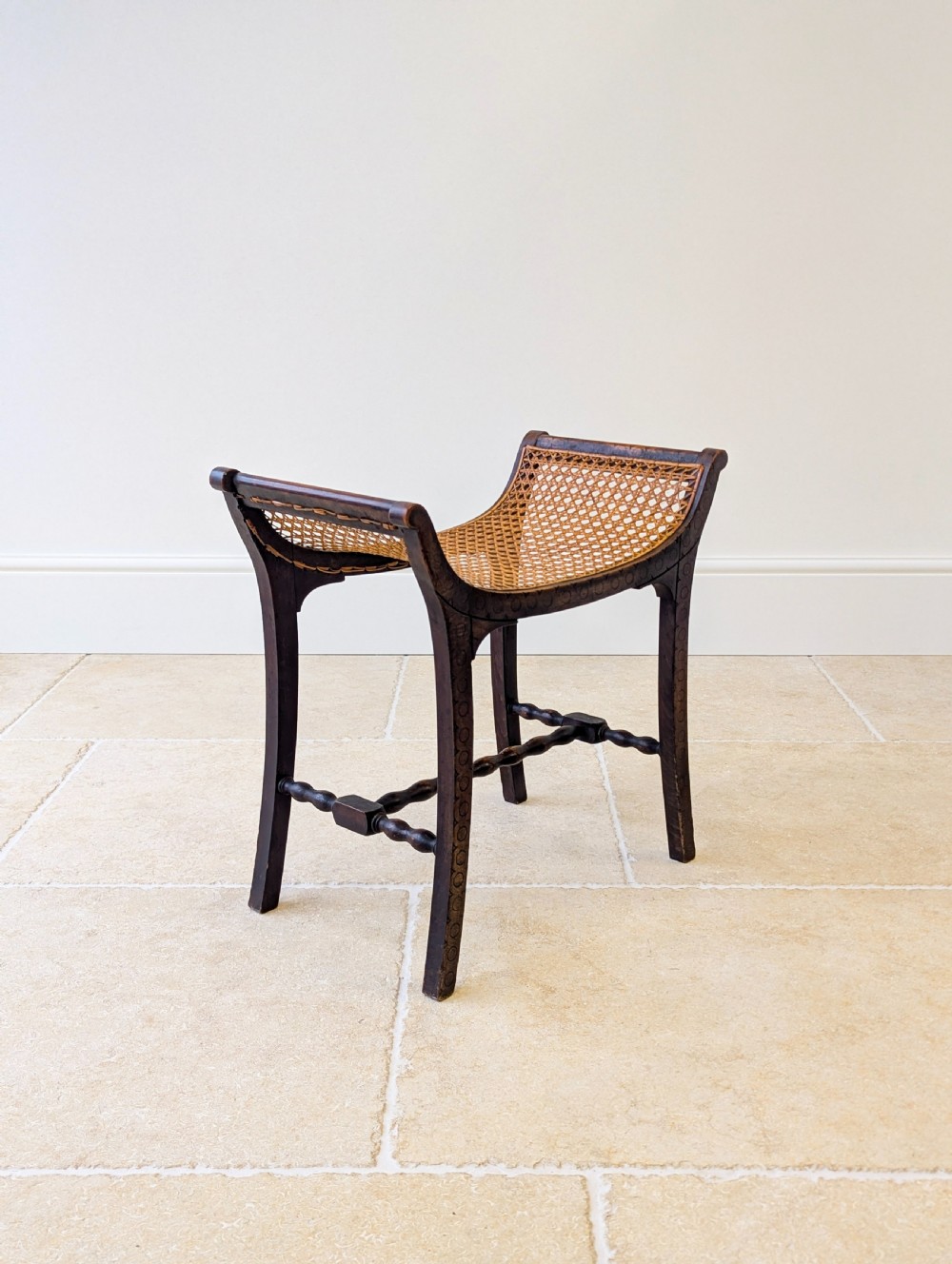 Antique Edwardian Oak Caned Dressing Table Stool c.1910 View IX