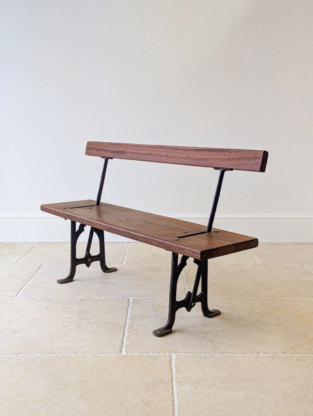Antique Victorian Mahogany & Cast Iron Reversible Tram Bench c.1890