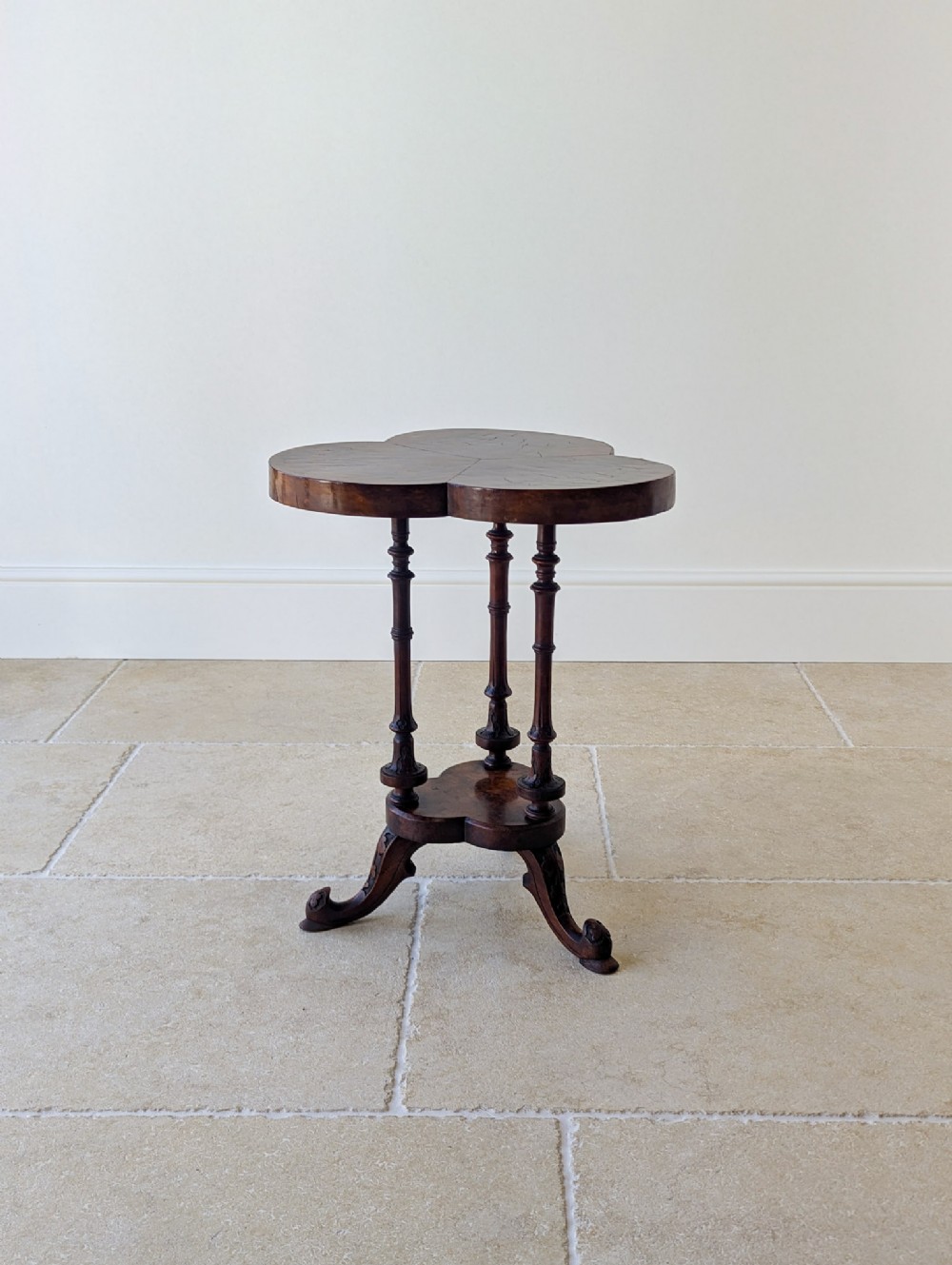 Antique Victorian Burr Walnut Trefoil Occasional Table c.1860