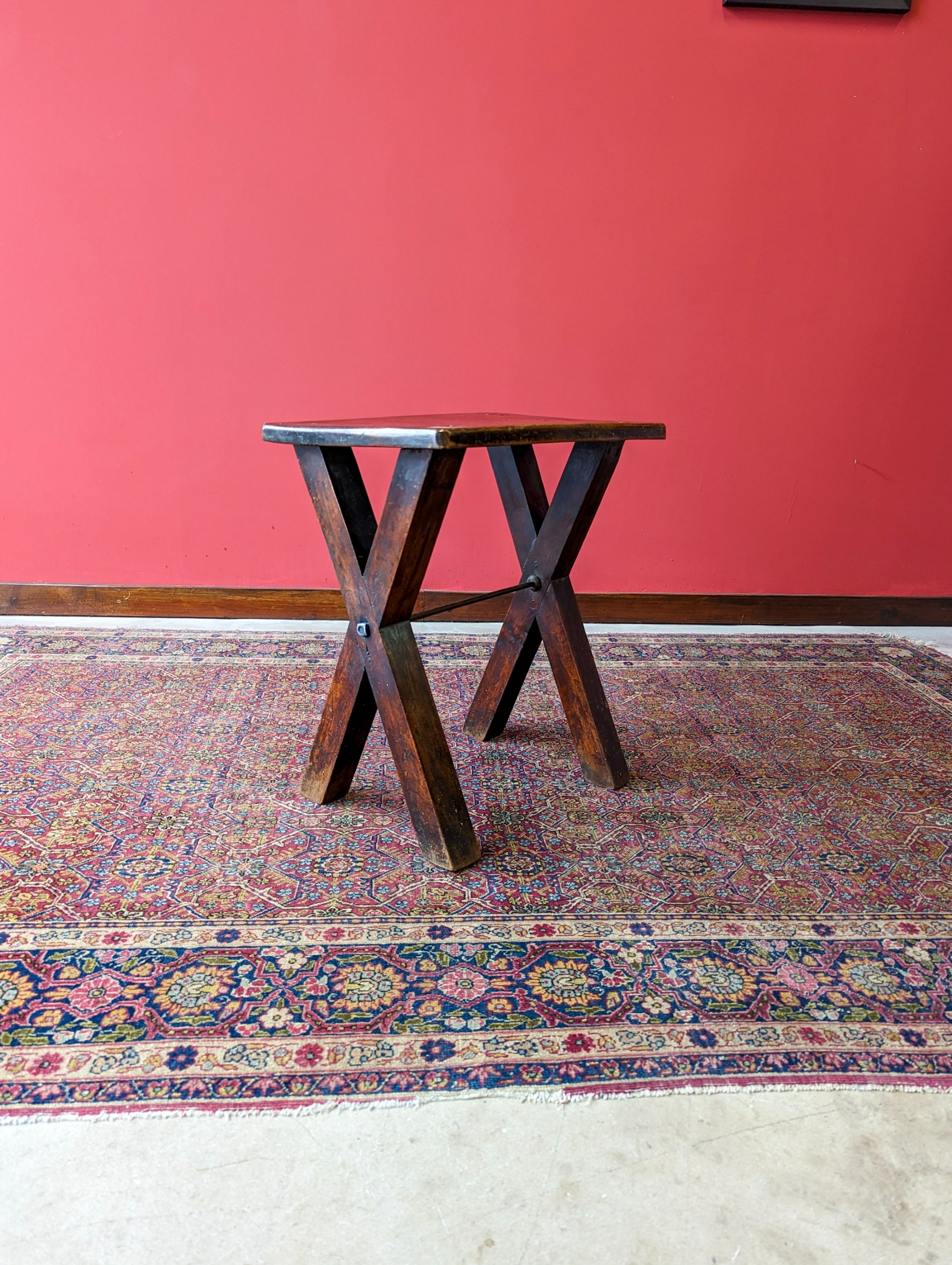 Antique 19th Century X-frame Oak Church Stool / Side Table