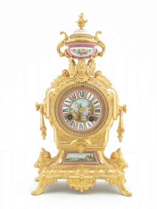 Beautiful French Gilt Mantel Clock with Sevres Panels C1860