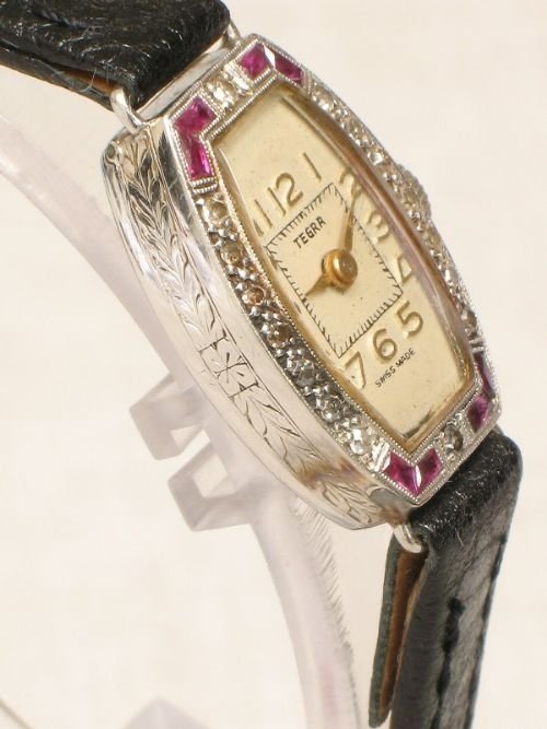 fig 3. 18CT WHITE GOLD DIAMOND RUBY ART DECO COCKTAIL WATCH c1925