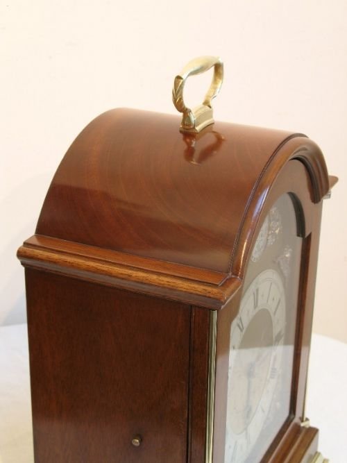 fig 4. BEAUTIFUL ENGLISH FLAME MAHOGANY BRACKET MANTLE CLOCK BY ELLIOTT, FULL WESTMINSTER AND WHITTINGTON CHIMES.