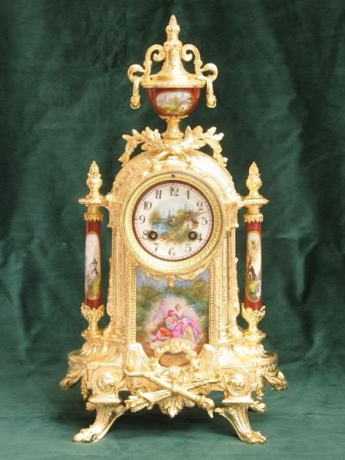Beautiful French Gilt Sevres Panels Mantel Clock C1870