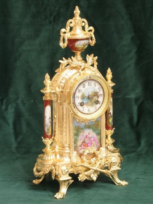 fig 1. BEAUTIFUL FRENCH GILT SEVRES PANELS MANTEL CLOCK C1870