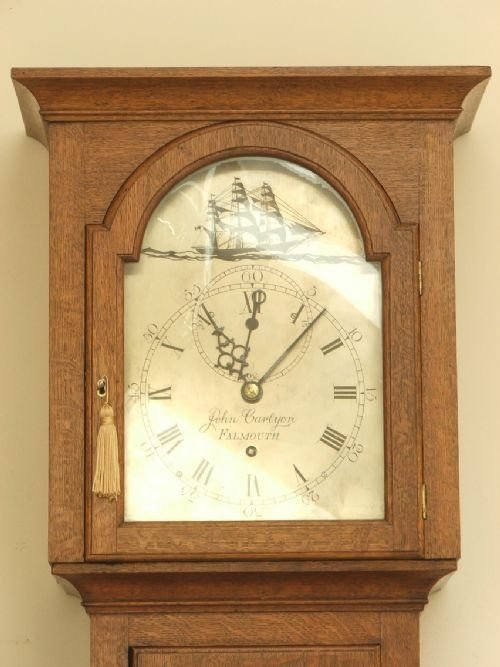 fig 1. GEORGIAN OAK LONGCASE REGULATOR BY JOHN CARLYON FALMOUTH CORNWALL C1729