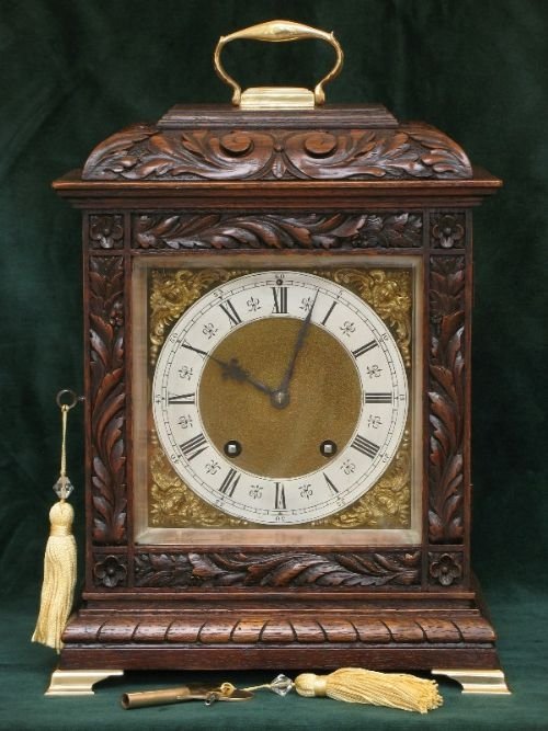 Exceptional German Oak Mantel Bracket Clock by Lenzkirch C1900