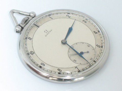 fig 1. FINE OMEGA ART DECO STAINLESS STEEL POCKET WATCH c1936
