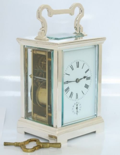 fig 1. BEAUTIFUL VICTORIAN SILVER PLATED STRIKING CARRIAGE ALARM CLOCK c1900