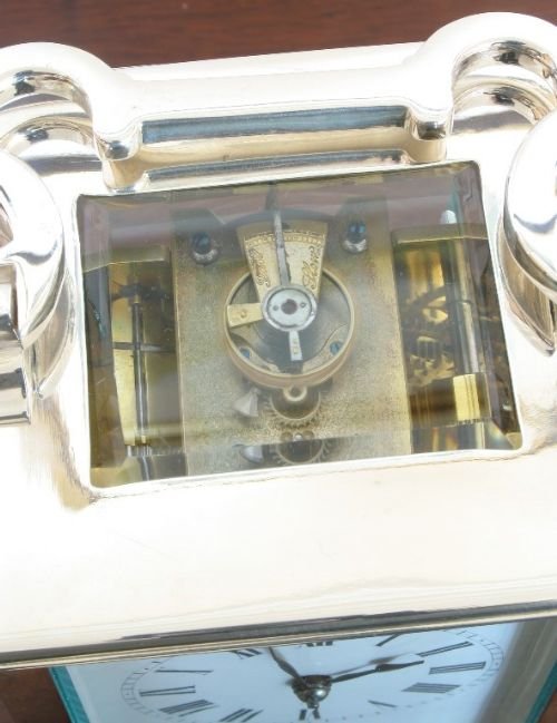 fig 4. BEAUTIFUL VICTORIAN SILVER PLATED STRIKING CARRIAGE ALARM CLOCK c1900