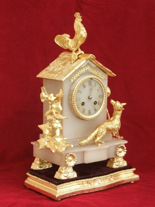 fig 1. INCREDIBLE JAPY FRERES GILT FOX AND CHICKENS MANTEL CLOCK C1870