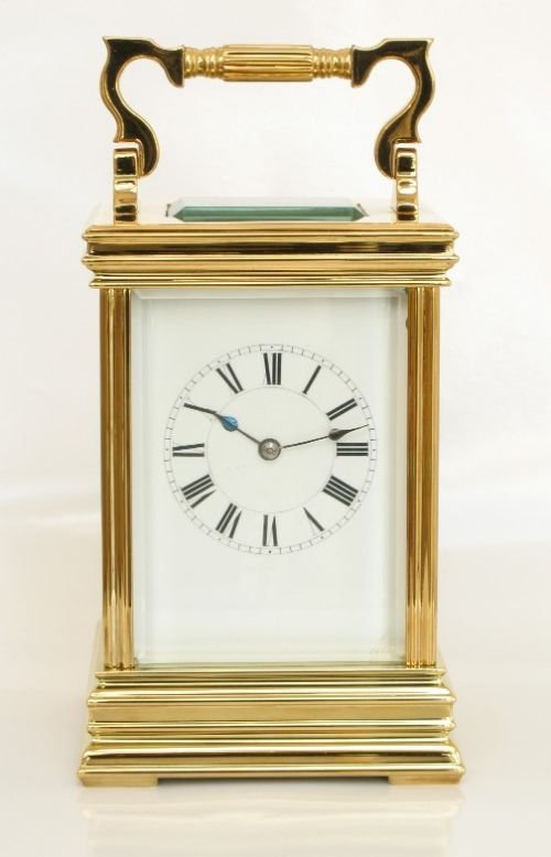 fig 1. EXCEPTIONAL LARGE VICTORIAN 18CT GOLD PLATED STRIKING CARRIAGE CLOCK C1880