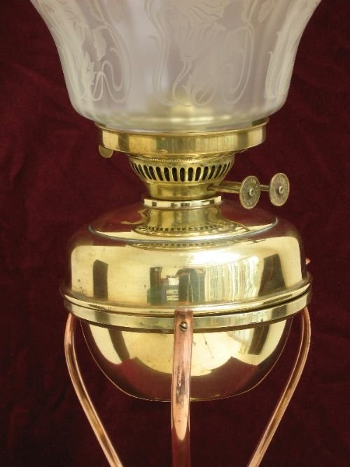 fig 3. BEAUTIFUL VICTORIAN W A S BENSON BRASS AND COPPER OIL LAMP C1890