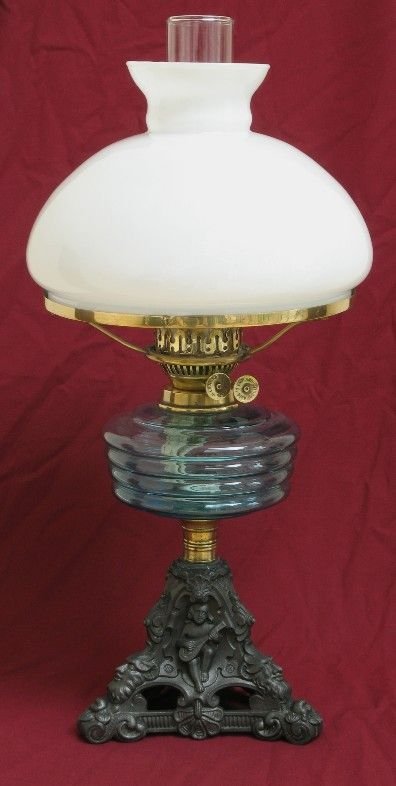 Beautiful Victorian Cast Iron and Blue Oil Lamp C1890