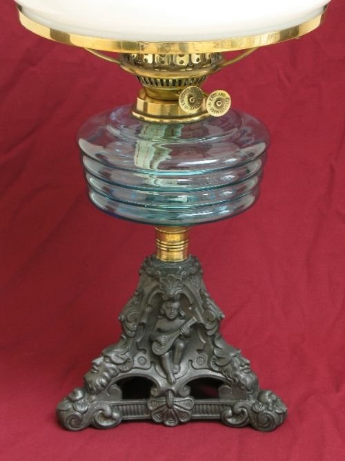 fig 2. BEAUTIFUL VICTORIAN CAST IRON AND BLUE OIL LAMP C1890