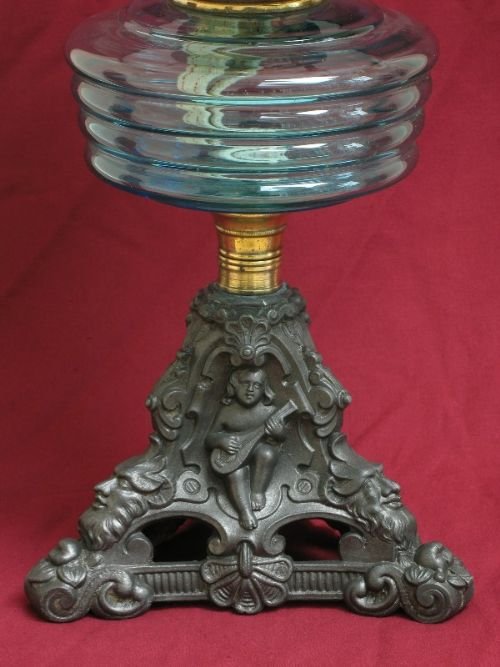 fig 3. BEAUTIFUL VICTORIAN CAST IRON AND BLUE OIL LAMP C1890