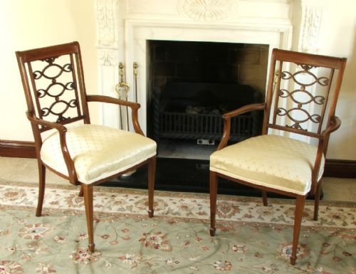 Beautiful Pair of Victorian Mahogany and Inlaid Armchairs C1880
