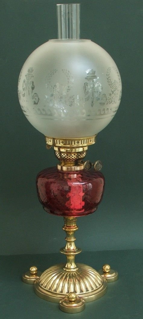 Beautiful Victorian Solid Brass and Cranberry Glass Oil Lamp C1890