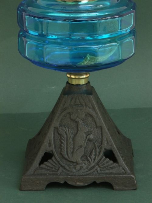 fig 2. BEAUTIFUL VICTORIAN CAST IRON AND BRISTOL BLUE OIL LAMP WITH SQUIRRELS C1890