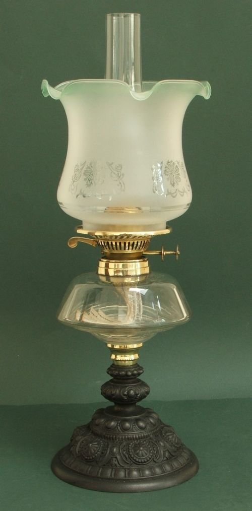 Beautiful Victorian Cast Iron and Vaseline Glass Oil Lamp C1890