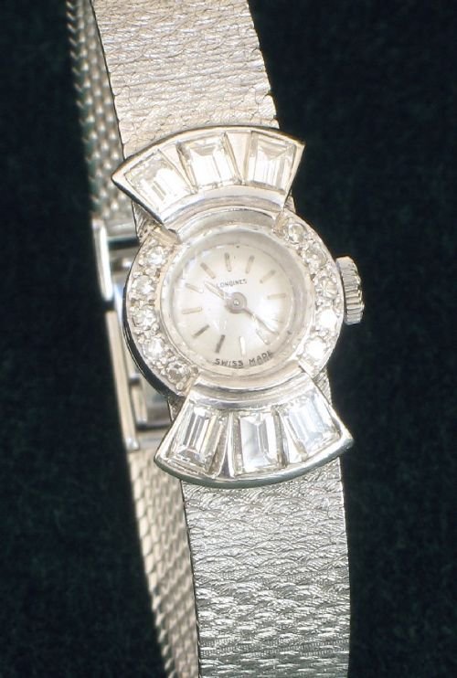 fig 3. BEAUTIFUL PLATINUM AND DIAMOND LADIES COCKTAIL WATCH BY LONGINES C1960