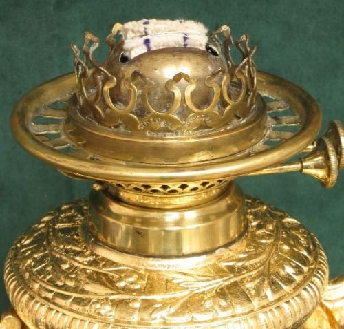 fig 3. RARE BEAUTIFUL LARGE VICTORIAN ART NOUVEAU GILT AND CAST IRON OIL LAMP BY WRIGHT AND BUTLER C1885