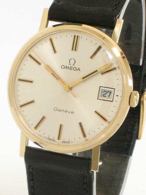 fig 1. TOTALLY MINT SOLID 9ct GOLD OMEGA GENEVE DATE MENS WITH WATCH BOX AND PAPERS