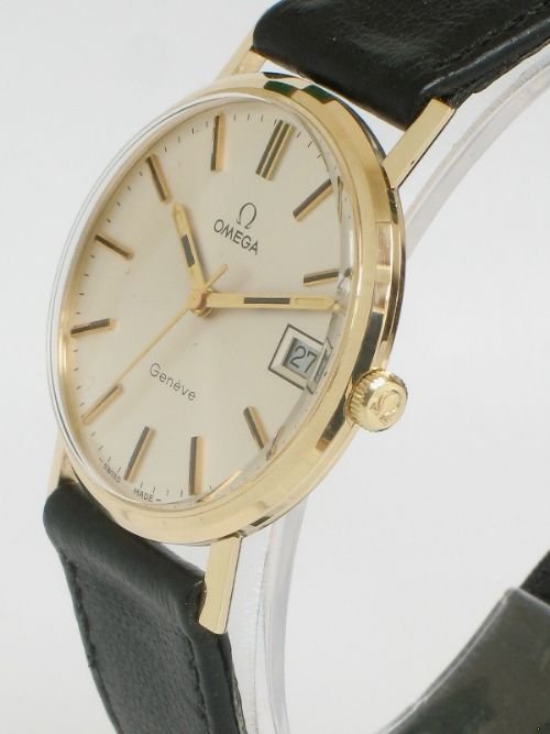 fig 3. TOTALLY MINT SOLID 9ct GOLD OMEGA GENEVE DATE MENS WITH WATCH BOX AND PAPERS