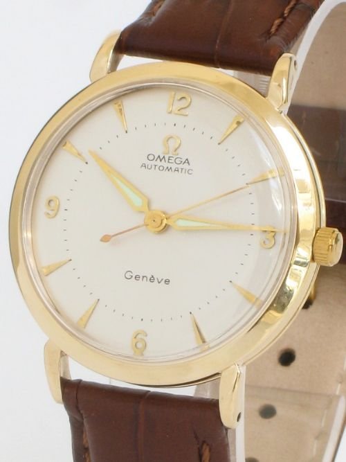 fig 1. SUPERB SOLID 9ct GOLD OMEGA GENEVE AUTOMATIC CAL 501 VINTAGE MENS WATCH C1957-58