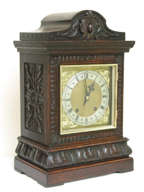 fig 1. SUPERB VICTOIRAN OAK TING TANG MANTEL CLOCK BY WINTERLADER AND HOFFMEIER C1880
