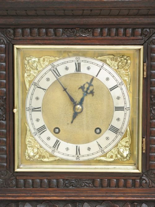 fig 3. SUPERB VICTOIRAN OAK TING TANG MANTEL CLOCK BY WINTERLADER AND HOFFMEIER C1880