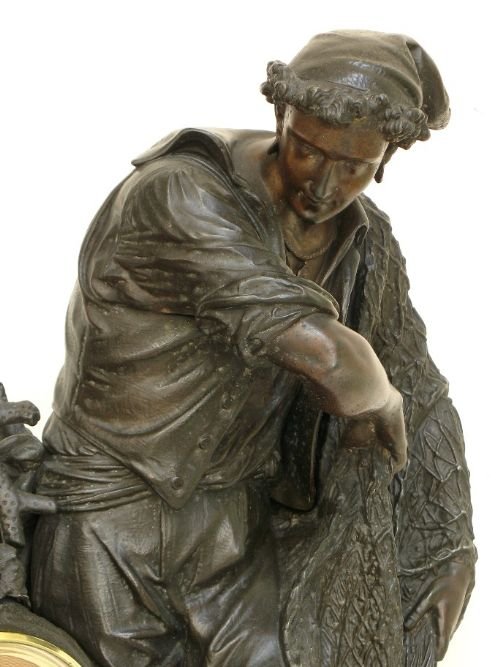 fig 2. STUNNING LARGE FRENCH FIGURAL PATINATED FISHERMAN CLOCK BY SAMUEL MARTI 1880