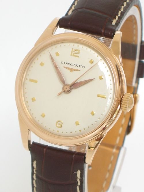 fig 1. SUPERB SOLID 18ct 18k ROSE PINK GOLD LONGINES MID SIZED BOXED MENS LADIES WATCH c1951/2