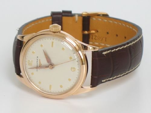 fig 3. SUPERB SOLID 18ct 18k ROSE PINK GOLD LONGINES MID SIZED BOXED MENS LADIES WATCH c1951/2