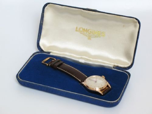 fig 4. SUPERB SOLID 18ct 18k ROSE PINK GOLD LONGINES MID SIZED BOXED MENS LADIES WATCH c1951/2