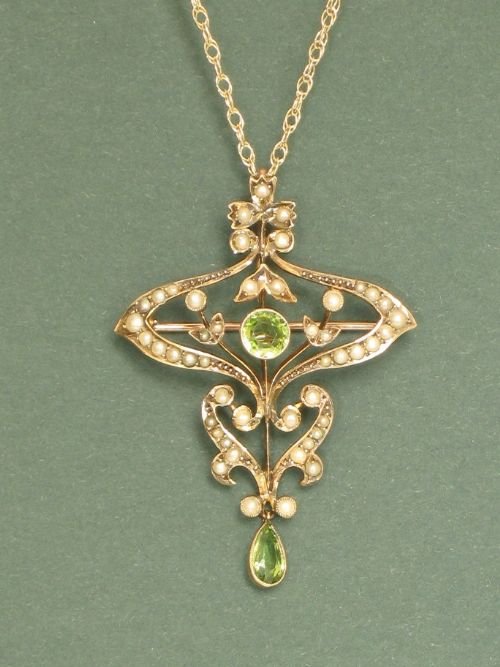 Large Exquisite Victorian Art Nouveau 9ct Gold Peridot and Pearl Pendant and Brooch C1880