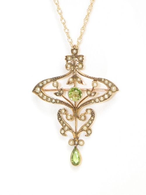 fig 2. LARGE EXQUISITE VICTORIAN ART NOUVEAU 9CT GOLD PERIDOT AND PEARL PENDANT AND BROOCH C1880