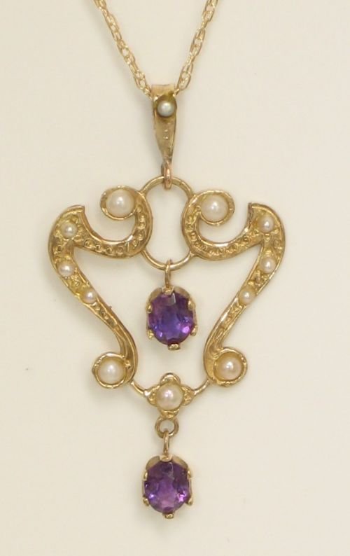 fig 1. BEAUTIFUL SOLID 9CT GOLD AMETHYST AND SEED PEARL PENDANT C1890