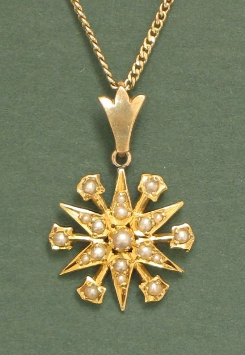 Very Pretty Solid 9ct Gold and Seed Pearl Pendant C1890